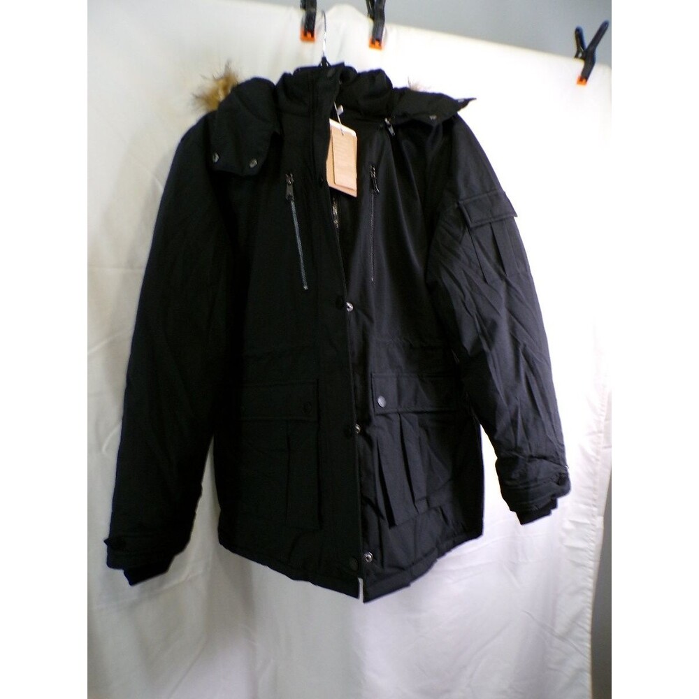 wantdo Women's Black Parka Coat GOV04 Size L Faux Fur Hood Mid-Length